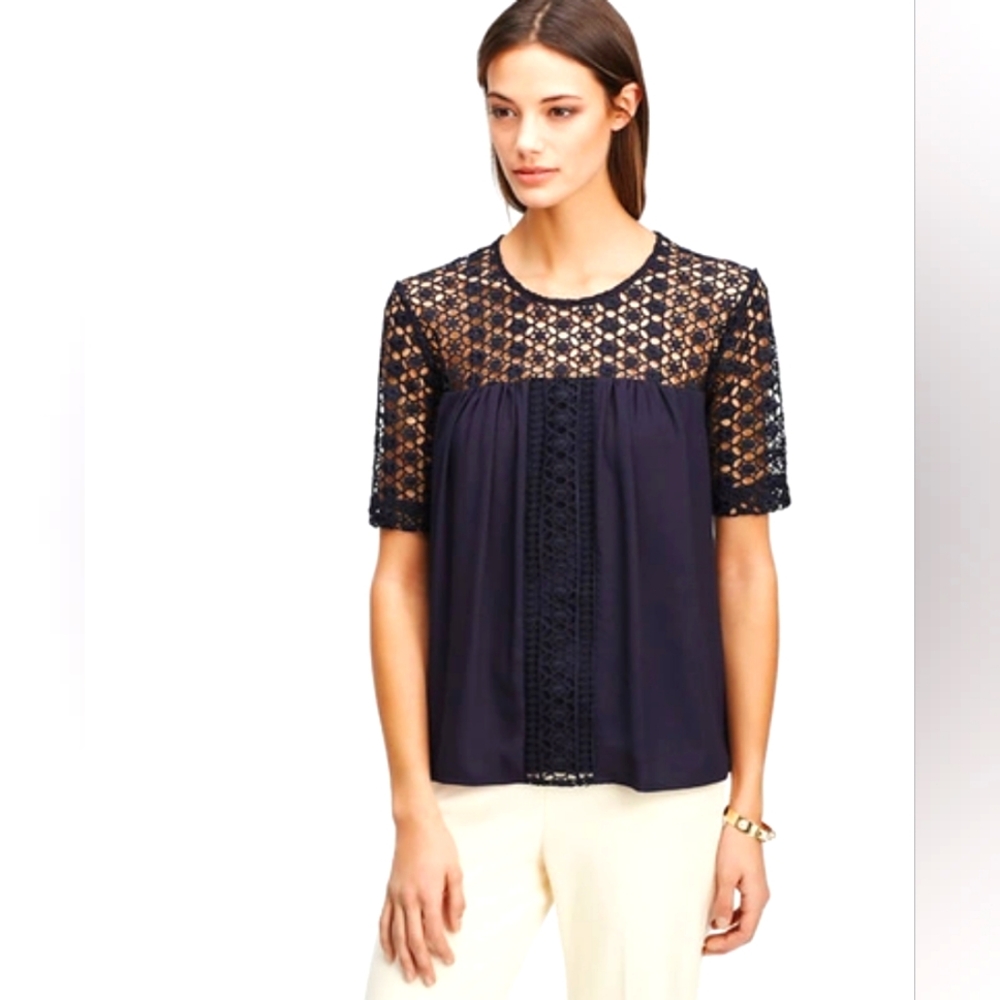 Ann Taylor Lacy Mixed Media Top In Navy Blue Size Small Eyelet